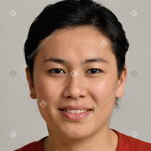 Joyful white young-adult female with short  brown hair and brown eyes