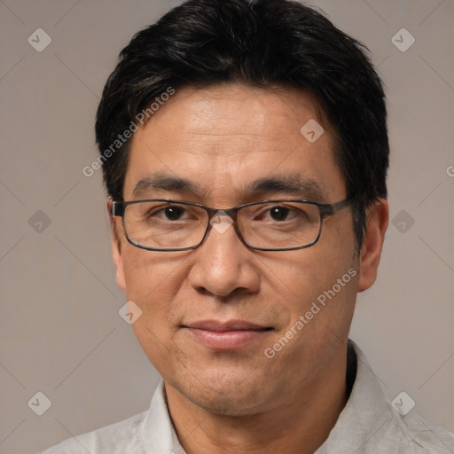 Joyful white adult male with short  black hair and brown eyes