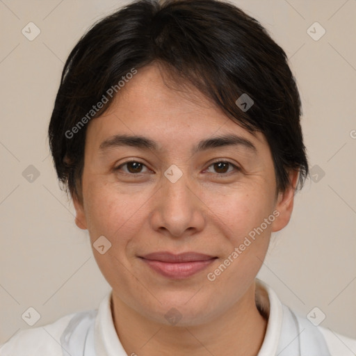 Joyful white adult female with medium  brown hair and brown eyes