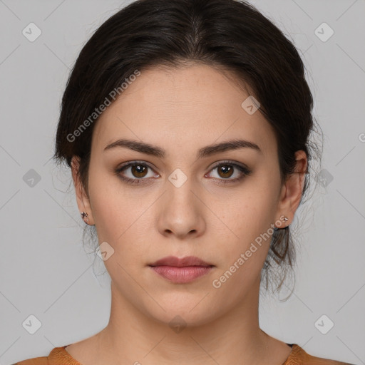 Neutral white young-adult female with medium  brown hair and brown eyes