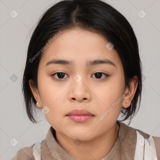 Neutral asian young-adult female with medium  brown hair and brown eyes