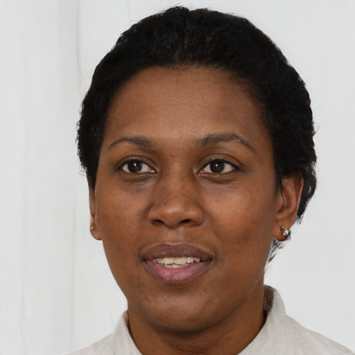 Joyful black adult female with short  black hair and brown eyes