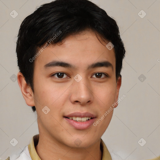Joyful asian young-adult male with short  brown hair and brown eyes