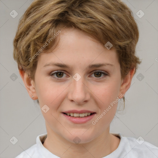 Joyful white child female with short  brown hair and brown eyes