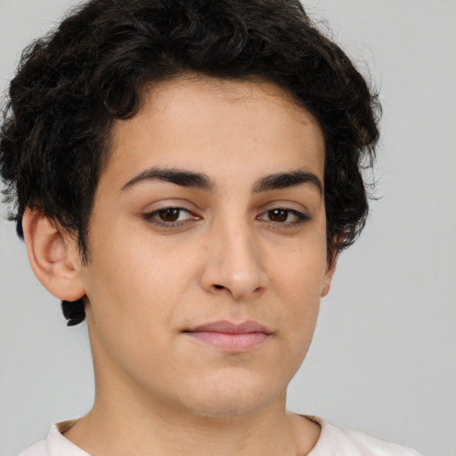 Neutral white young-adult female with short  brown hair and brown eyes