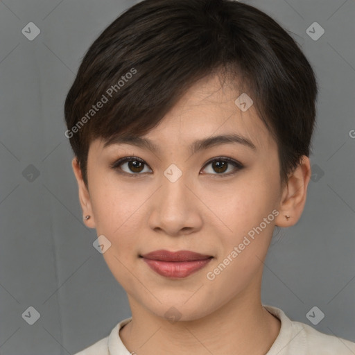 Joyful asian young-adult female with short  brown hair and brown eyes