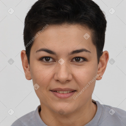 Joyful white young-adult female with short  brown hair and brown eyes