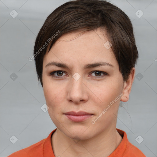 Neutral white young-adult female with short  brown hair and brown eyes