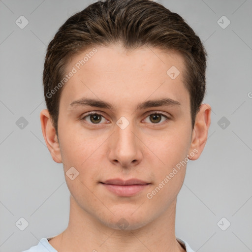 Neutral white young-adult male with short  brown hair and brown eyes