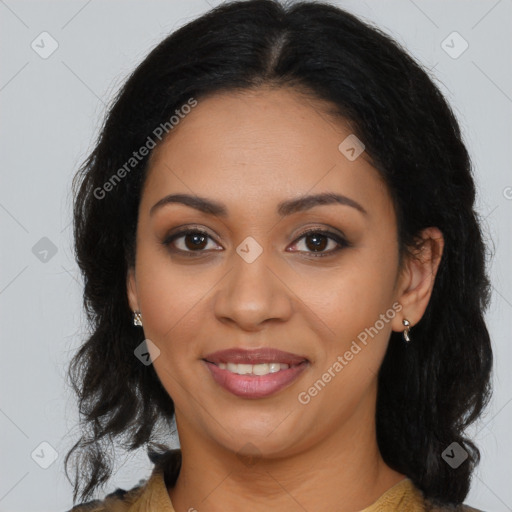 Joyful latino young-adult female with long  brown hair and brown eyes