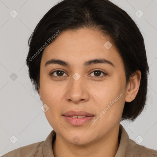 Joyful white young-adult female with medium  brown hair and brown eyes