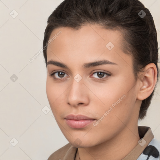 Neutral white young-adult female with medium  brown hair and brown eyes