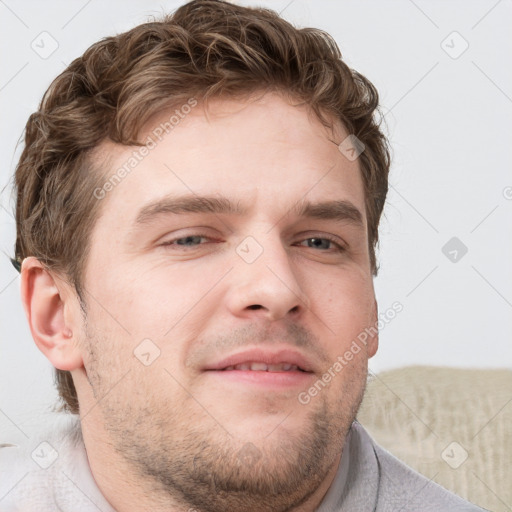 Neutral white young-adult male with short  brown hair and grey eyes