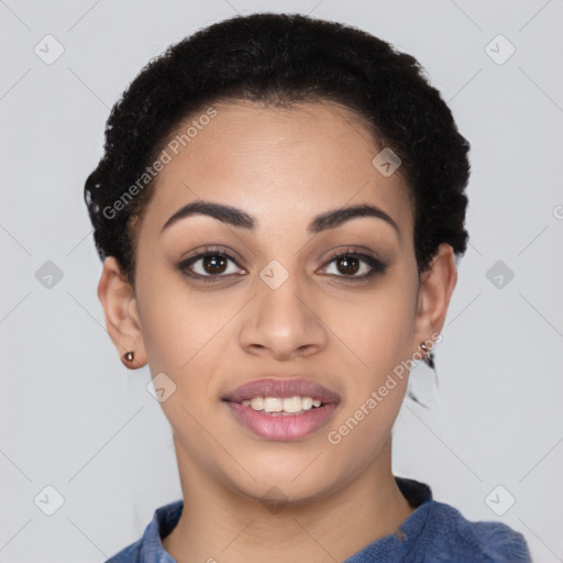 Joyful latino young-adult female with short  black hair and brown eyes