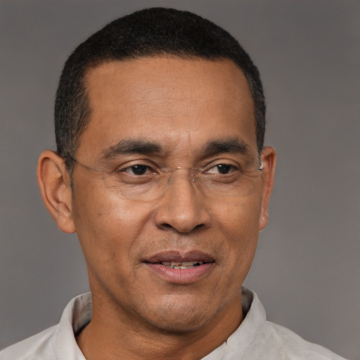 Joyful latino adult male with short  black hair and brown eyes