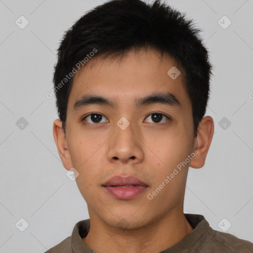 Neutral asian young-adult male with short  black hair and brown eyes