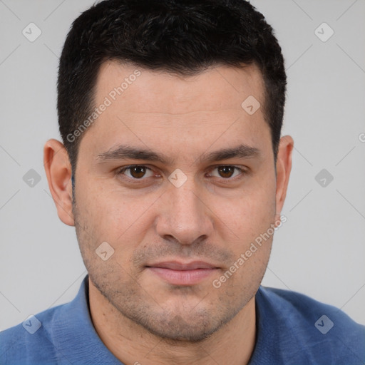 Joyful white young-adult male with short  brown hair and brown eyes