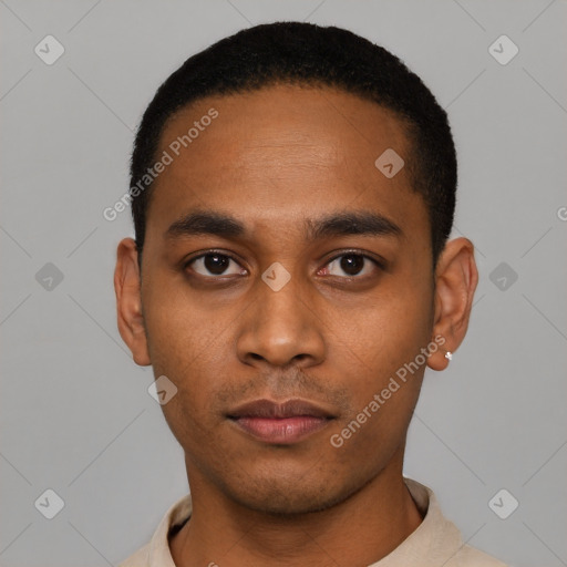 Neutral latino young-adult male with short  black hair and brown eyes