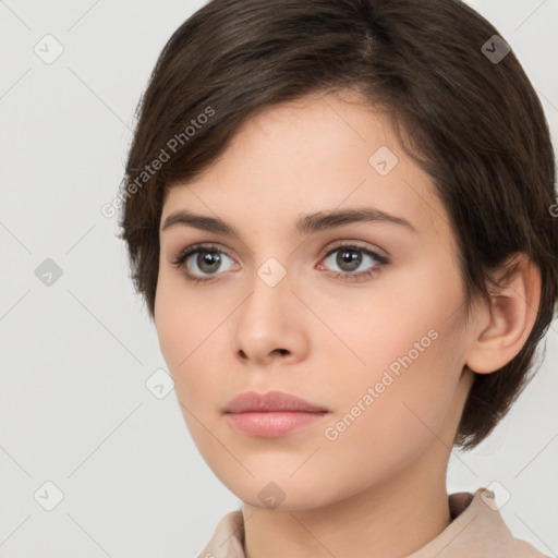 Neutral white young-adult female with short  brown hair and brown eyes