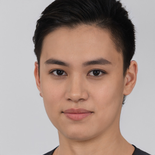 Neutral white young-adult female with short  black hair and brown eyes