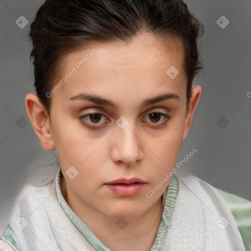 Neutral white young-adult female with short  brown hair and brown eyes