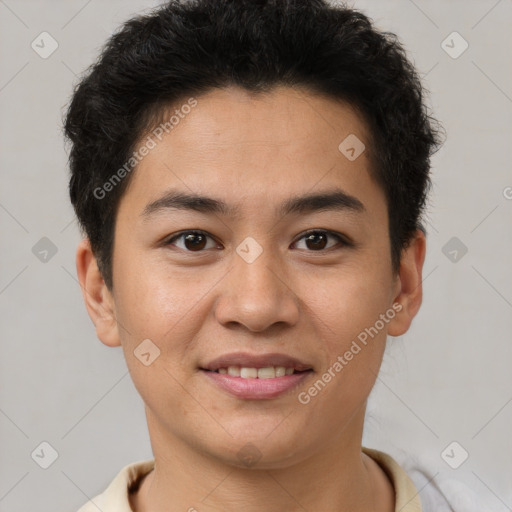 Joyful latino young-adult male with short  brown hair and brown eyes