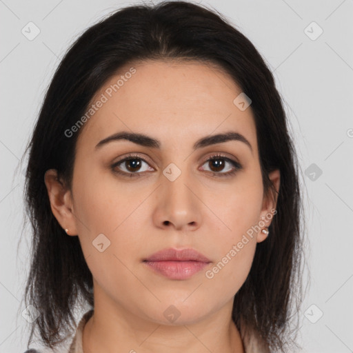 Neutral asian young-adult female with medium  brown hair and brown eyes