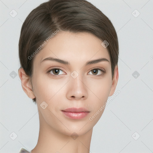 Neutral white young-adult female with short  brown hair and brown eyes