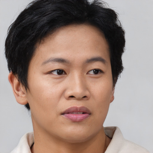 Joyful asian young-adult female with short  brown hair and brown eyes