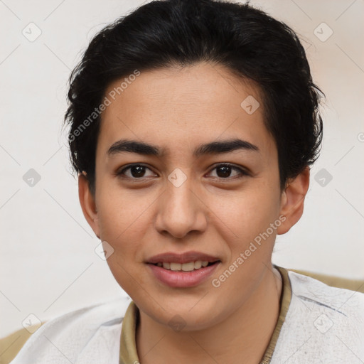 Joyful latino young-adult female with short  brown hair and brown eyes