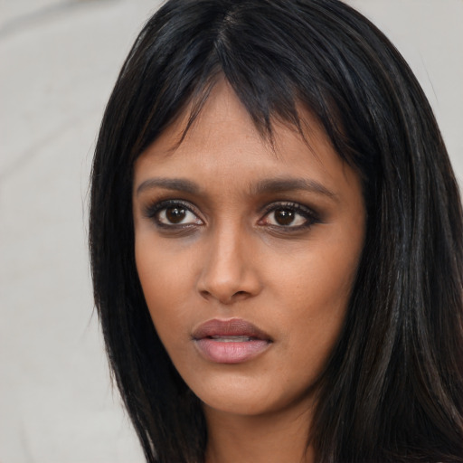 Neutral asian young-adult female with long  black hair and brown eyes