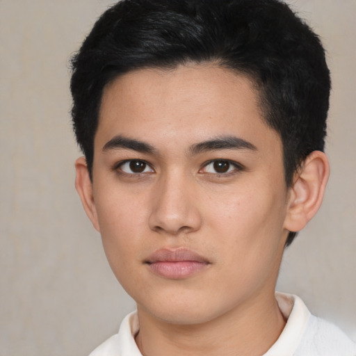 Neutral asian young-adult male with short  black hair and brown eyes