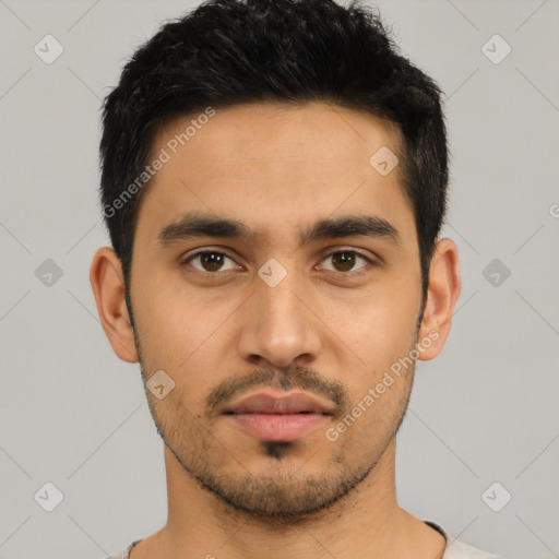 Neutral latino young-adult male with short  black hair and brown eyes