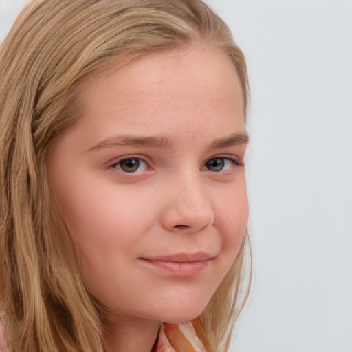 Joyful white young-adult female with long  brown hair and blue eyes