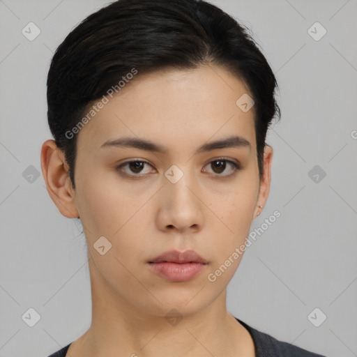 Neutral asian young-adult female with short  black hair and brown eyes