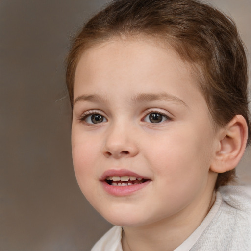 Joyful white child female with medium  brown hair and brown eyes