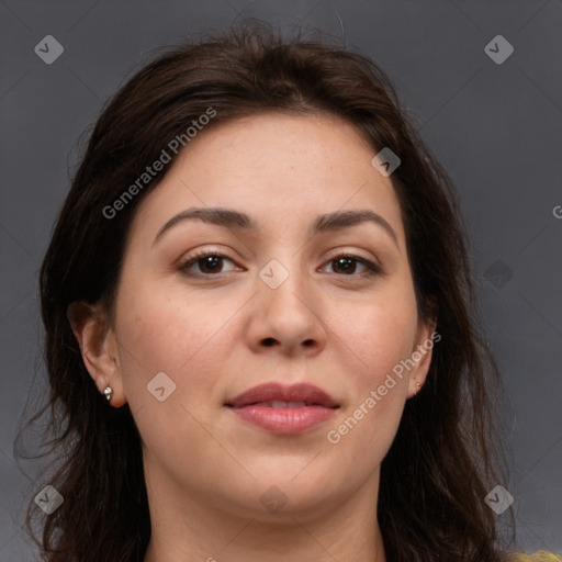 Joyful white young-adult female with medium  brown hair and brown eyes