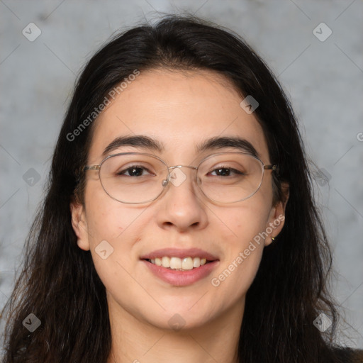 Joyful white adult female with long  brown hair and brown eyes