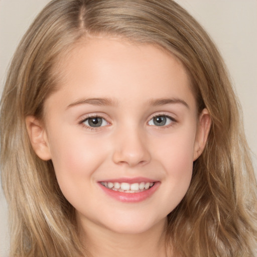 Joyful white child female with long  brown hair and brown eyes