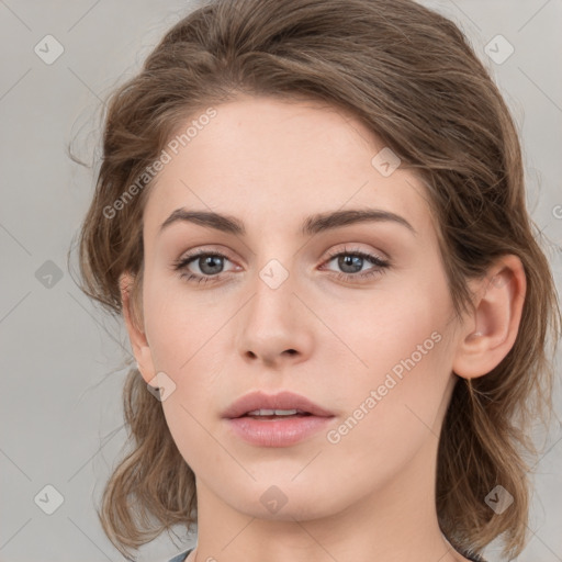 Neutral white young-adult female with medium  brown hair and grey eyes