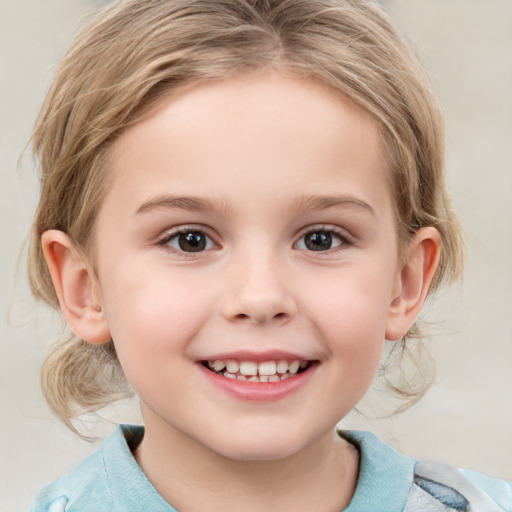 Joyful white child female with medium  brown hair and brown eyes