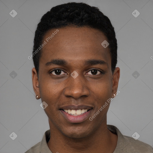 Joyful black young-adult male with short  black hair and brown eyes