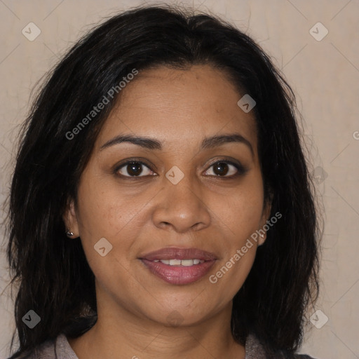 Joyful black young-adult female with medium  brown hair and brown eyes