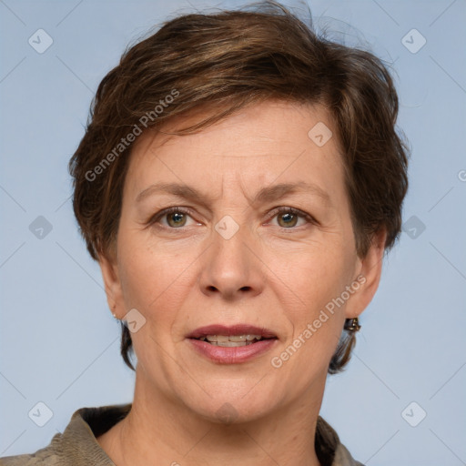 Joyful white adult female with short  brown hair and grey eyes