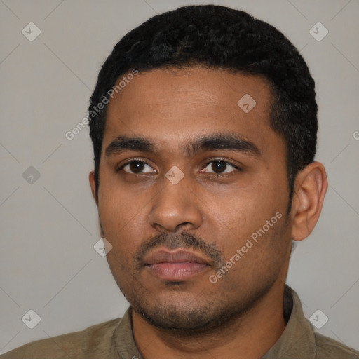 Neutral black young-adult male with short  black hair and brown eyes