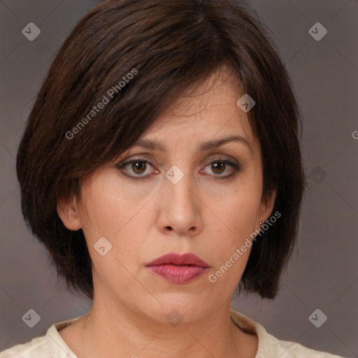 Neutral white young-adult female with medium  brown hair and brown eyes