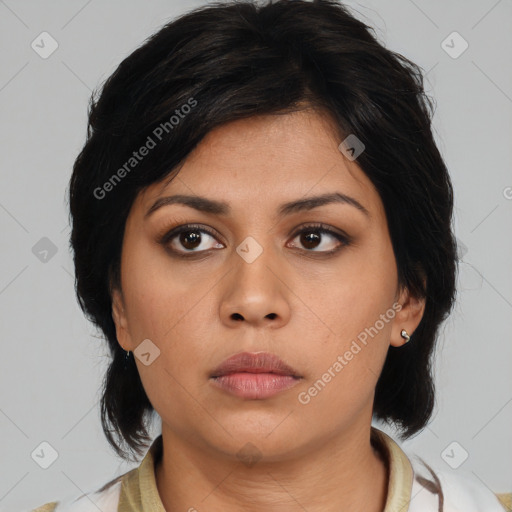 Neutral asian young-adult female with medium  black hair and brown eyes