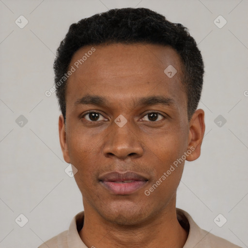 Neutral black young-adult male with short  black hair and brown eyes