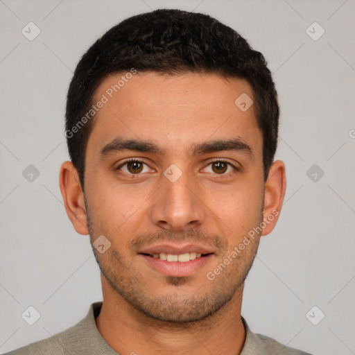 Joyful white young-adult male with short  brown hair and brown eyes