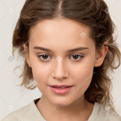 Joyful white child female with medium  brown hair and brown eyes